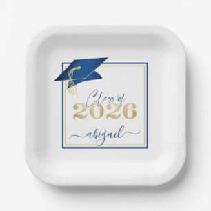 Graduation 2026 Faux Metallic Blue Gold Script Paper Plates