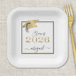 Graduation 2026 Faux Metallic Gold Cap Black Paper Plates