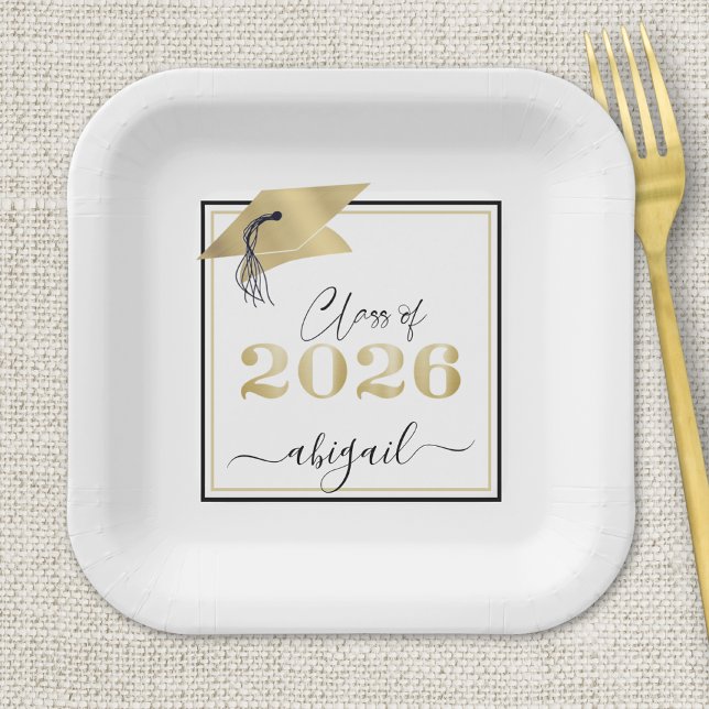 Graduation 2026 Faux Metallic Gold Cap Black Paper Plates (Creator Uploaded)