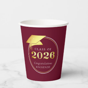 Graduation 2026 Faux Metallic Gold Maroon Paper Cups
