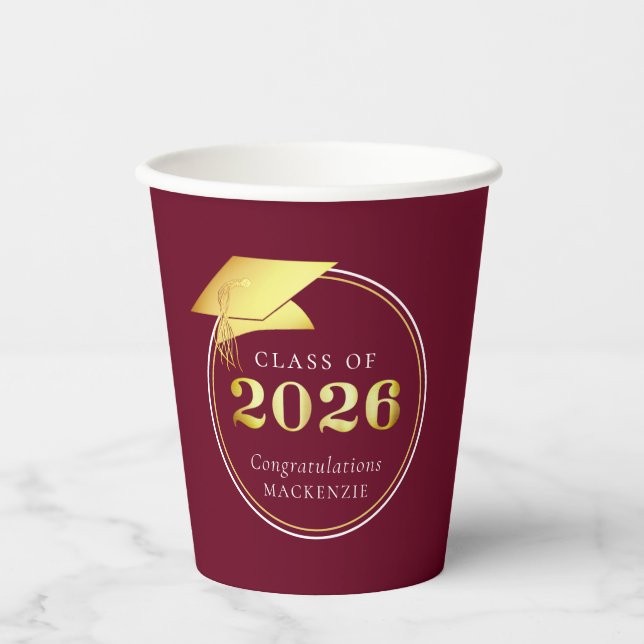 Graduation 2026 Faux Metallic Gold Maroon Paper Cups (Front)