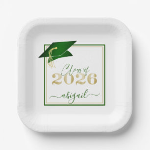 Graduation 2026 Faux Metallic Green Gold Script Paper Plates