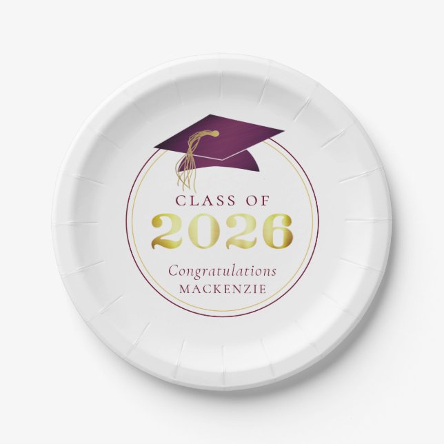 Graduation 2026 Faux Metallic Maroon Gold Paper Plates (Front)