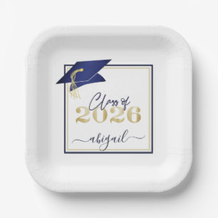 Graduation 2026 Faux Metallic Navy Gold Script Paper Plates