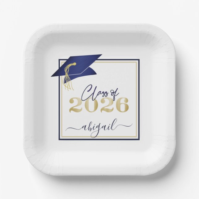 Graduation 2026 Faux Metallic Navy Gold Script Paper Plates (Front)