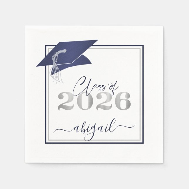 Graduation 2026 Faux Metallic Navy Silver Script Napkins (Front)