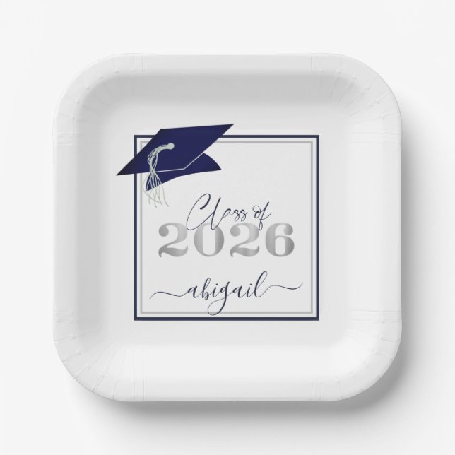 Graduation 2026 Faux Metallic Navy Silver Script Paper Plates (Front)