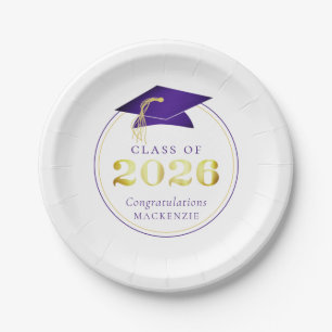 Graduation 2026 Faux Metallic Purple Gold Paper Plates