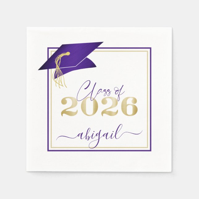 Graduation 2026 Faux Metallic Purple Gold Script Napkins (Front)