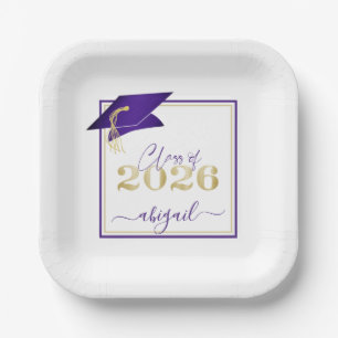 Graduation 2026 Faux Metallic Purple Gold Script Paper Plates