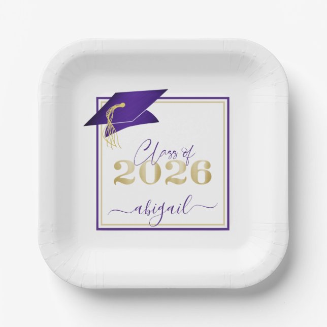 Graduation 2026 Faux Metallic Purple Gold Script Paper Plates (Front)
