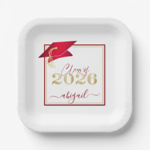 Graduation 2026 Faux Metallic Red Gold Script Paper Plates