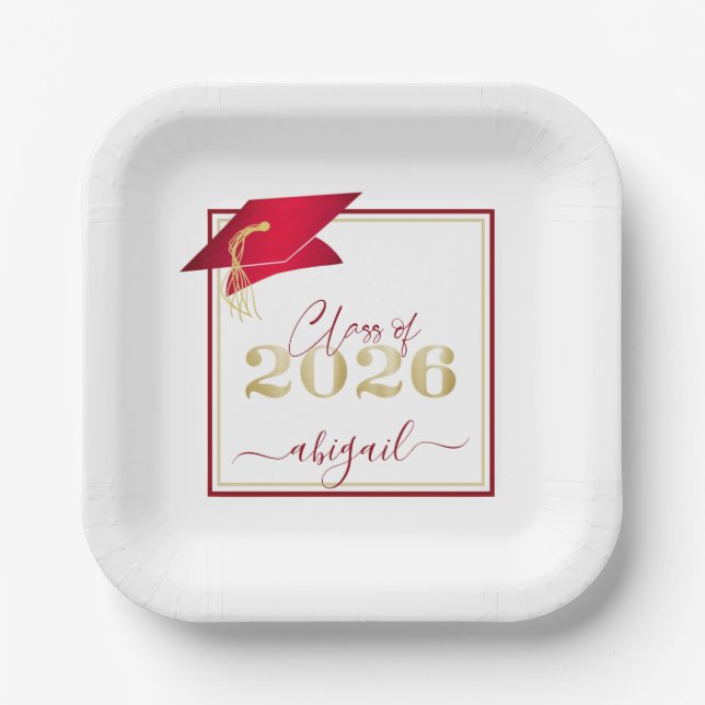 Graduation 2026 Faux Metallic Red Gold Script Paper Plates (Front)