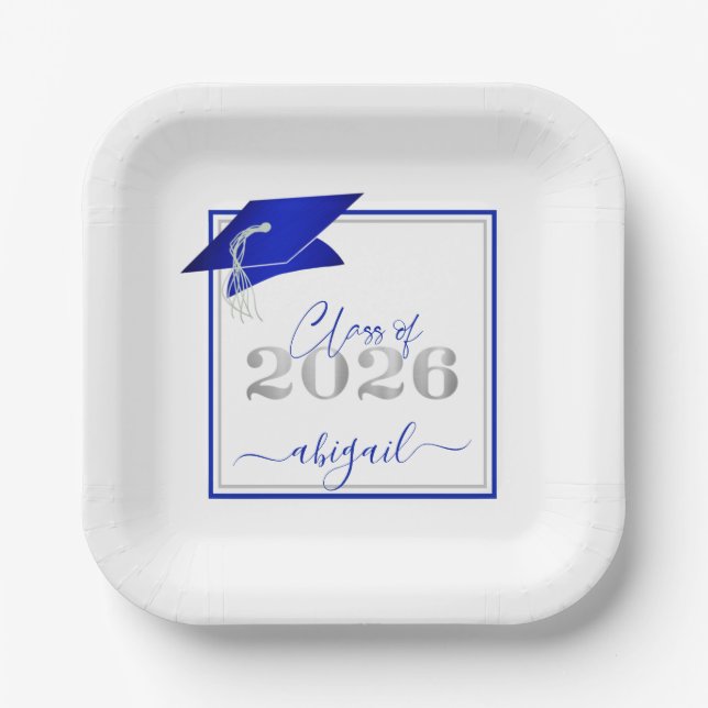 Graduation 2026 Faux Metallic Royal Blue Silver Paper Plates (Front)