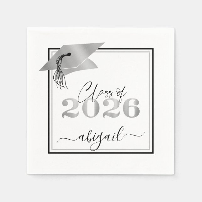 Graduation 2026 Faux Metallic Silver Year Script Napkins (Front)