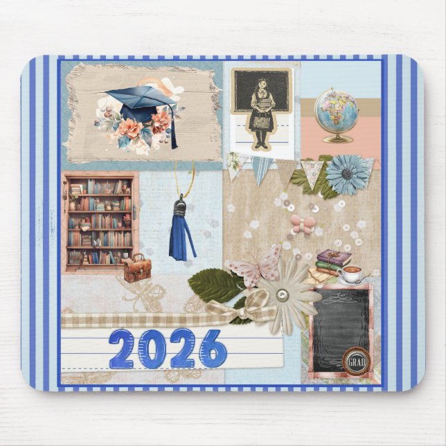 Graduation 2026 Girl in Old School, Blue Mouse Pad (Front)