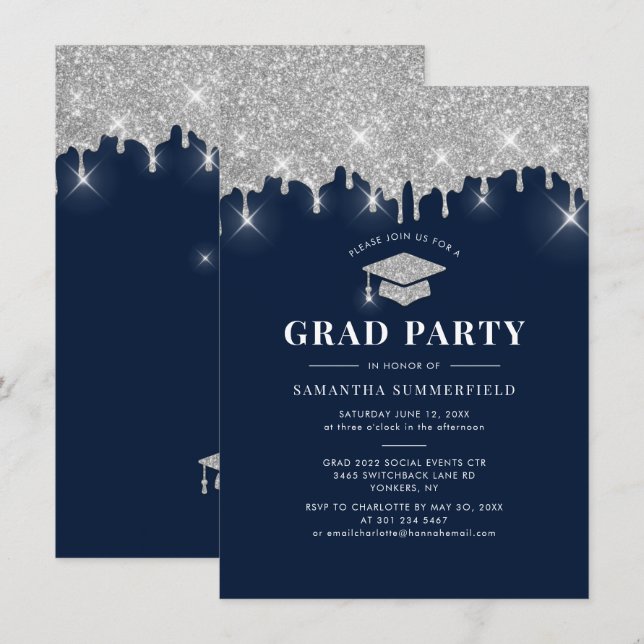Graduation 2026 Glitter Grad Navy Blue Party Invitation (Front/Back)