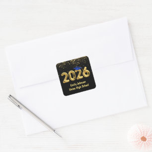 Graduation 2026 Gold Balloons and Blue Cap Square Sticker