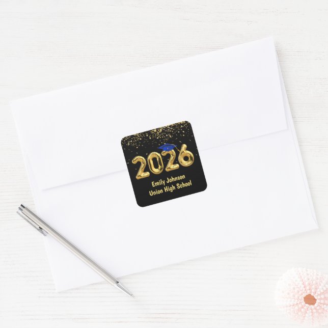 Graduation 2026 Gold Balloons and Blue Cap Square Sticker (Envelope)
