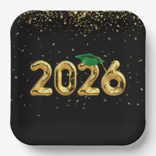 Graduation 2026 Gold Balloons and Green Cap Paper Plates