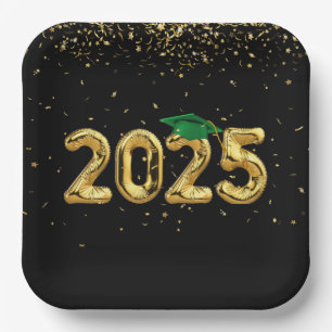 Graduation 2026 Gold Balloons and Green Cap Paper Plates