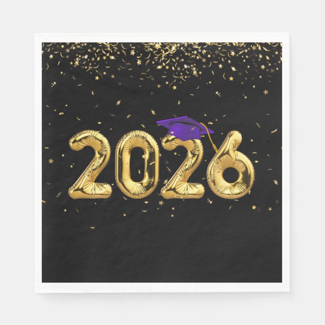 Graduation 2026 Gold Balloons and Purple Cap Napkins (Front)