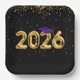 Graduation 2026 Gold Balloons and Purple Cap Paper Plates