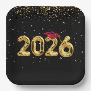 Graduation 2026 Gold Balloons and Red Cap Paper Plates