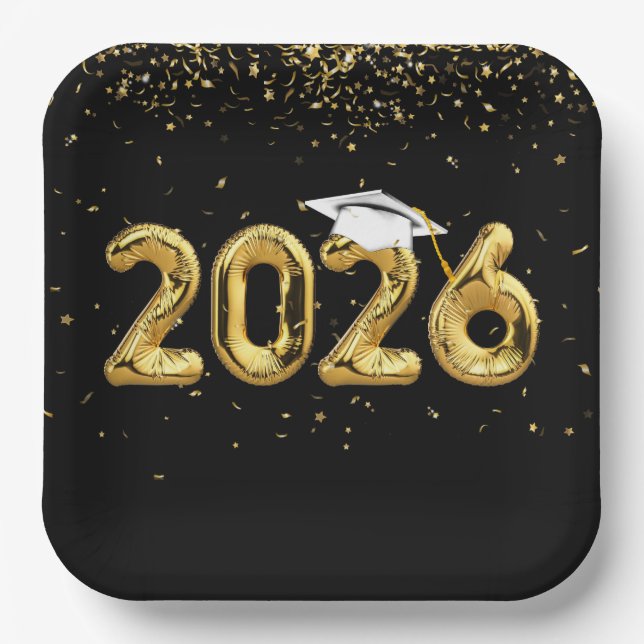 Graduation 2026 Gold Balloons and White Cap Paper Plates (Front)