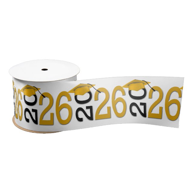 Graduation 2026 Gold Hats on Black Text Satin Ribbon (Spool)