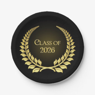 Graduation 2026 Gold Laurel Wreath On Black Paper Plates