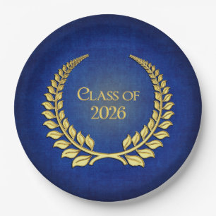 Graduation 2026 Gold Laurel Wreath On Blue  Paper Plates