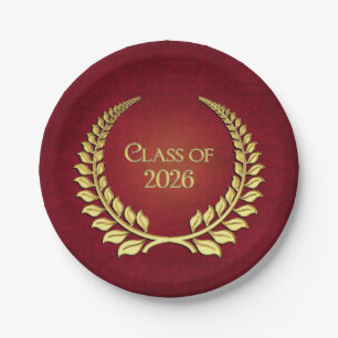 Graduation 2026 Gold Laurel Wreath On Red Paper Plates