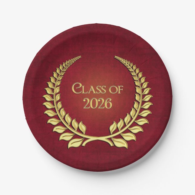 Graduation 2026 Gold Laurel Wreath On Red  Paper Plates (Front)