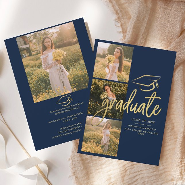 Graduation 2026 Grad Photos Navy Blue Script Announcement (Graduation 2025 Photos Navy Blue Announcement)