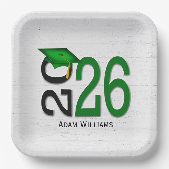 Graduation 2026 Green and Black On Wood Paper Plates (Front)