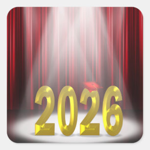 Graduation 2026 in Spotlight With Red Curtains Square Sticker