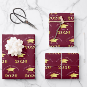 Graduation 2026 Maroon Burgundy Gold Congrats Name Wrapping Paper Sheets
