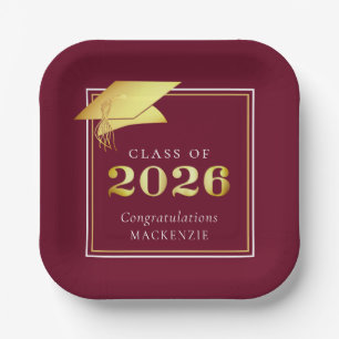 Graduation 2026 Maroon Faux Gold or Custom Color Paper Plates