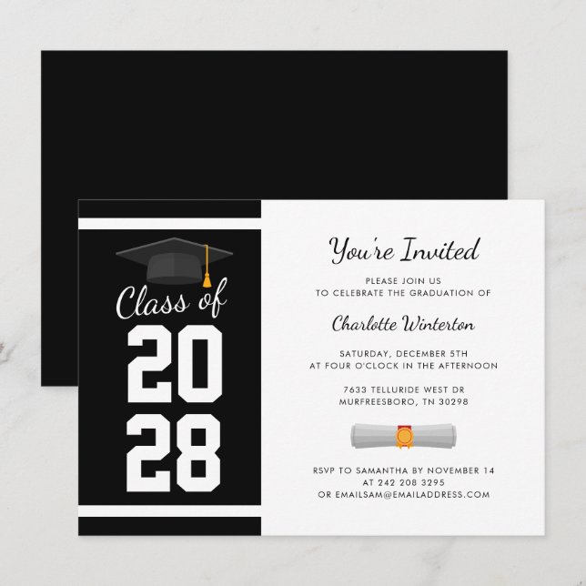 Graduation 2026 Modern Black White Grad Party Invitation (Front/Back)