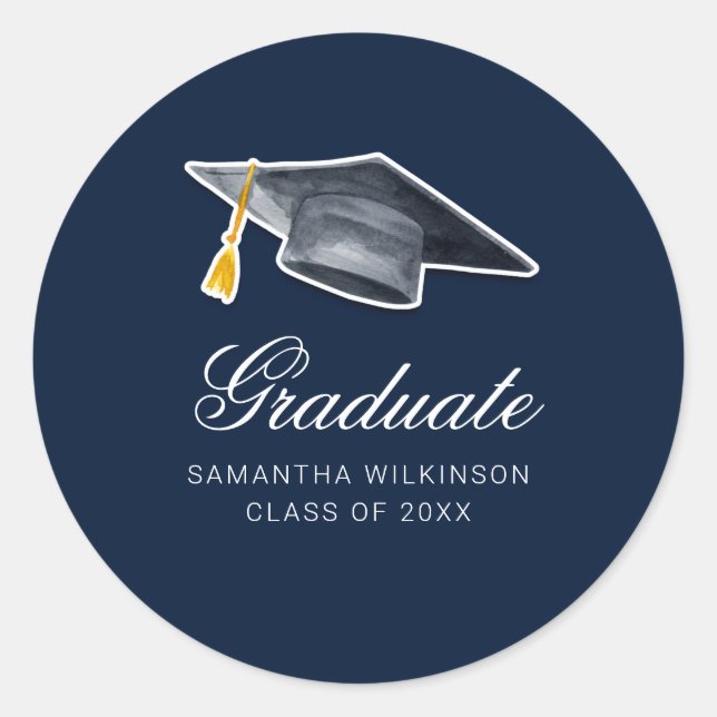 Graduation 2026 Modern Grad Navy Blue Classic Round Sticker (Front)