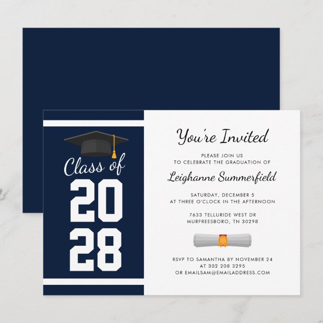 Graduation 2026 Modern Navy Blue Grad Party Invitation (Front/Back)