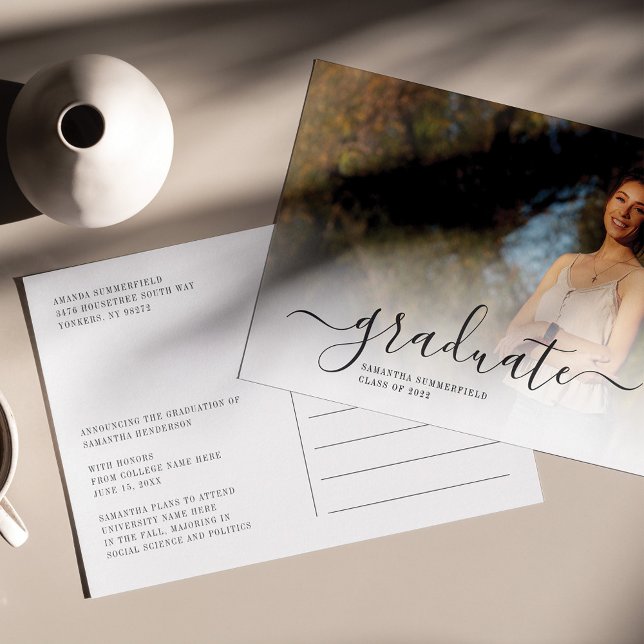 Graduation 2026 Modern Photos Grad Announcement Postcard (Script 2024 Graduation Photo Announcement Postcard)