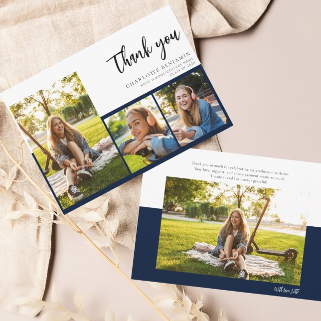 Graduation 2026 Modern Script Graduate Thank You Card (Graduation Party Thank You Card with Photo Collage)