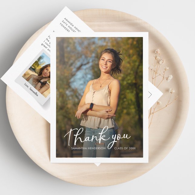 Graduation 2026 Multi Photo Script Thank You Postcard (Graduation 2 Photos Grad Thank You Card)