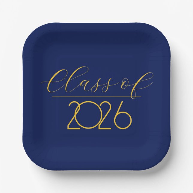 Graduation 2026 Navy Blue and Gold Paper Plates (Front)