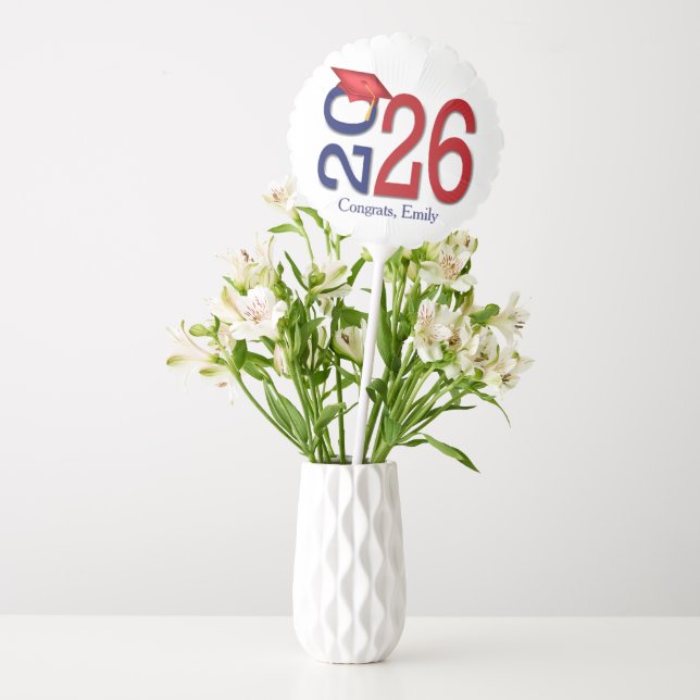 Graduation 2026 Navy Blue and Red with Name Balloon (Vase)