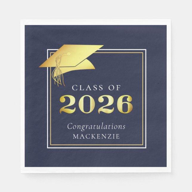 Graduation 2026 Navy Blue Faux Metallic Gold Napkins (Front)