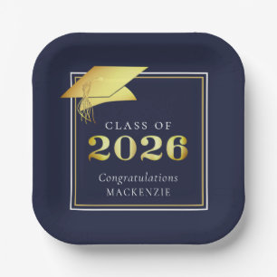 Graduation 2026 Navy Blue Faux Metallic Gold Paper Plates