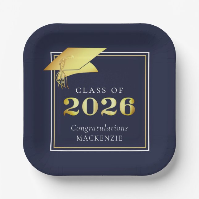 Graduation 2026 Navy Blue Faux Metallic Gold Paper Plates (Front)